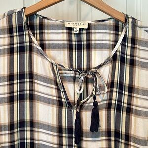 Skies Are Blue Stitchfix blue plaid blouse with tie front